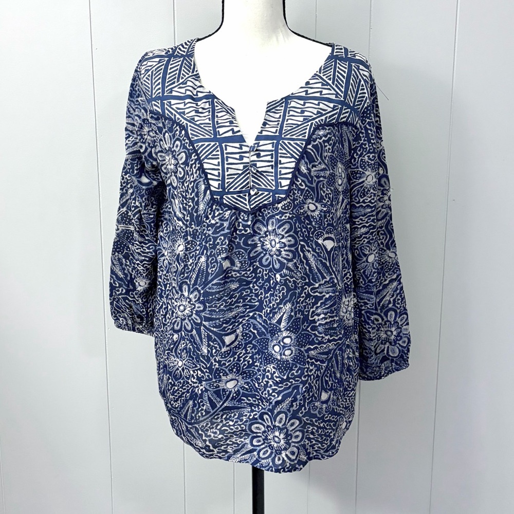 Lucky Brand Peasant Blouse Top Boho Blue Pattern Long Sleeve Medium